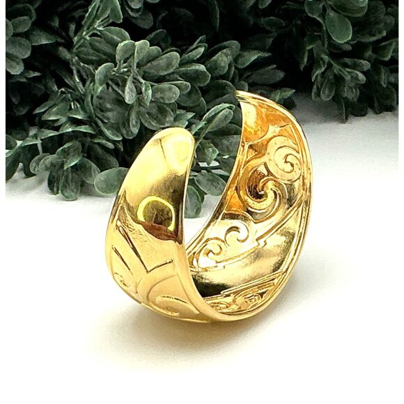 Vintage Elegant Gold Filigree Wide Cuff Bangle Bracelet Artistic Swirl Design - Picture 4 of 6